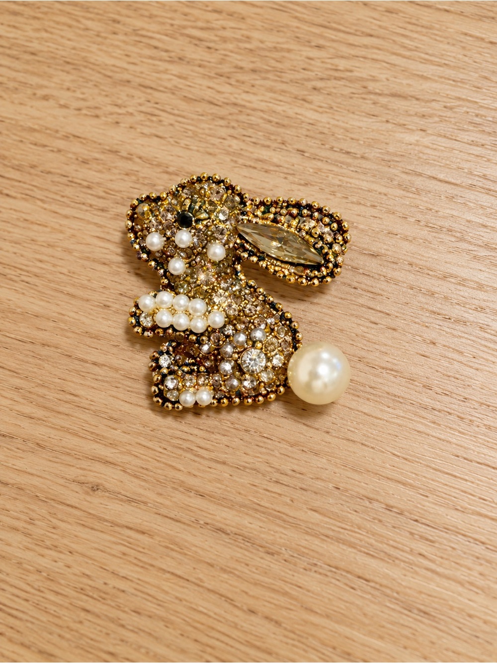 Jeweled Bunny Rabbit Brooch Pearl & Rhinestone Gold Tone Statement Pin